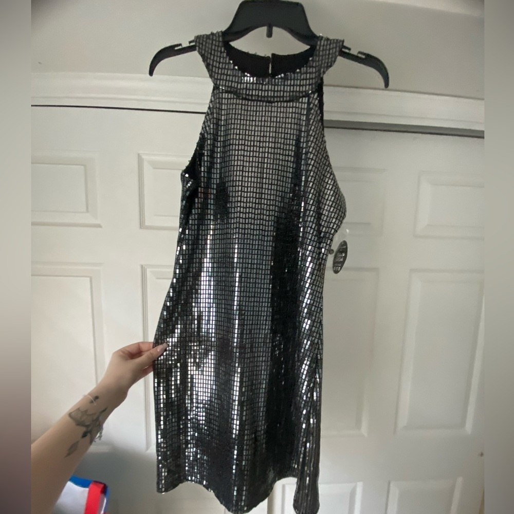 Black sequin mini dress, halter top